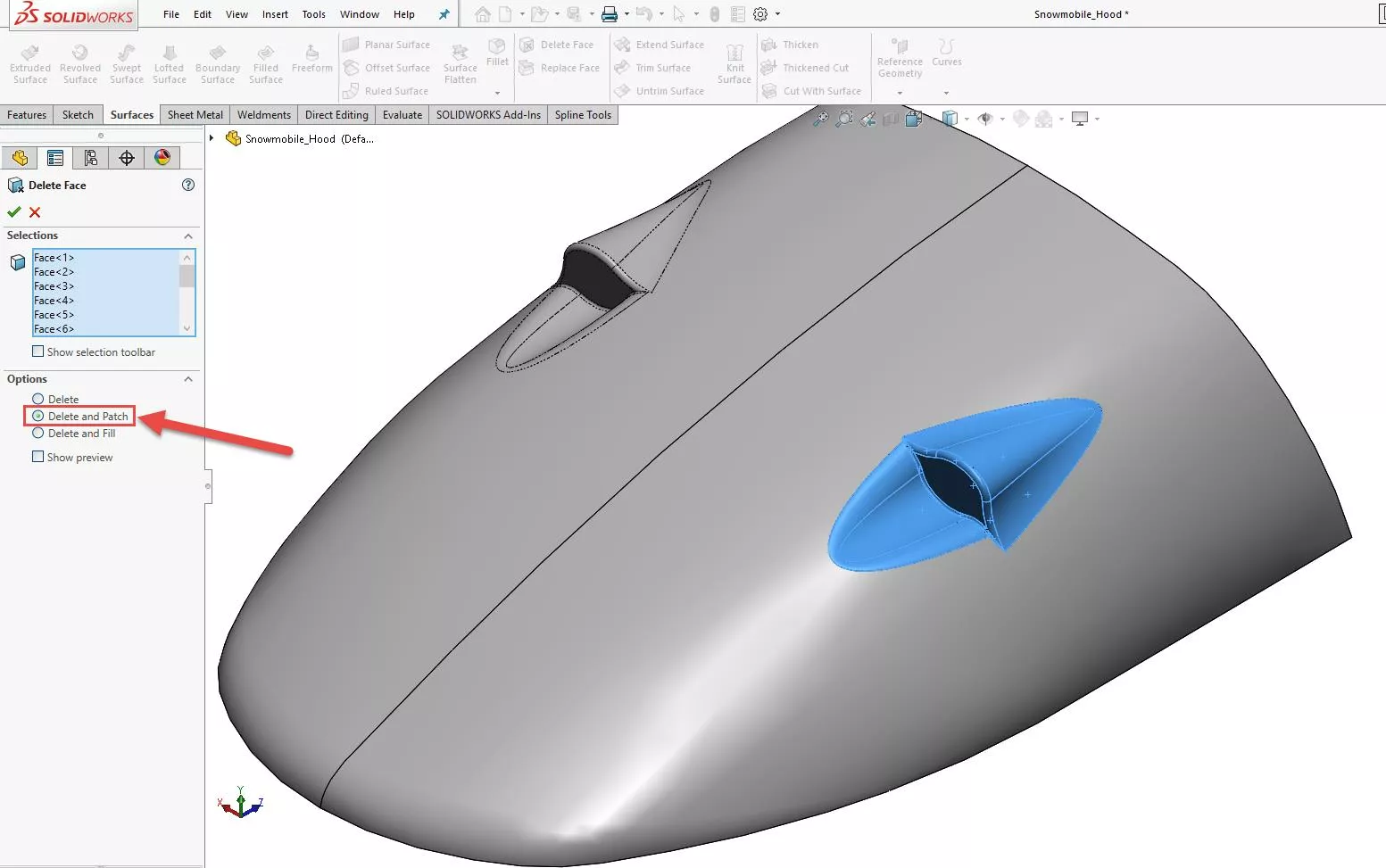 Inserting SOLIDWORKS Delete Face Feature and changing to Delete and Patch 