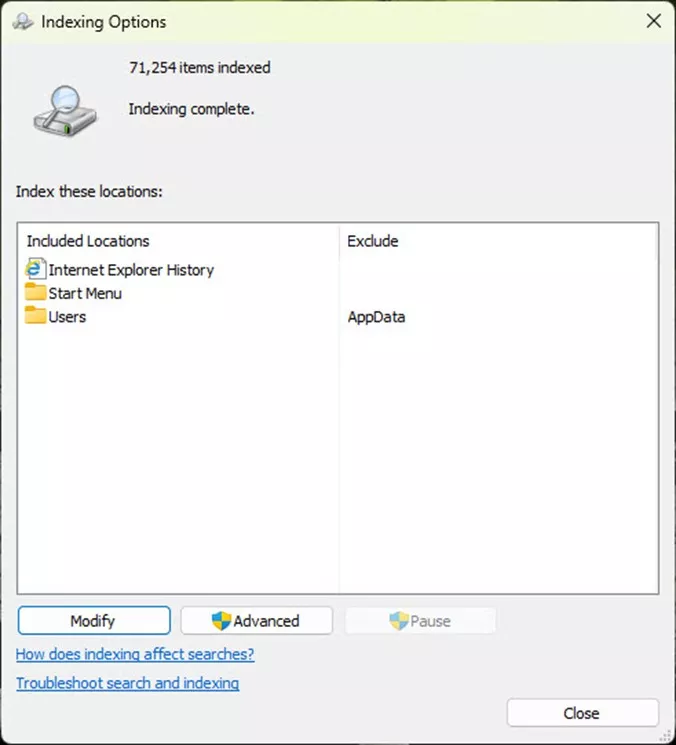 Folder Removed from Windows Indexing Options