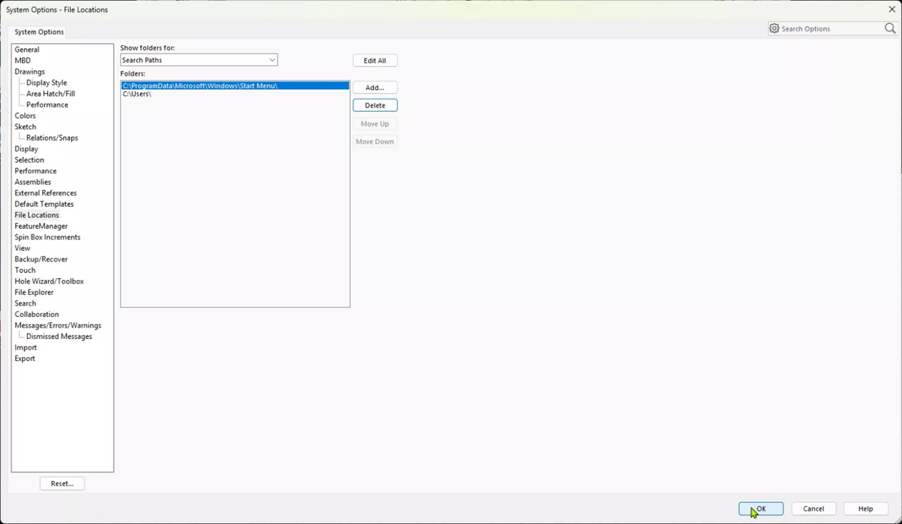 Delete a Search Path in SOLIDWORKS System Options