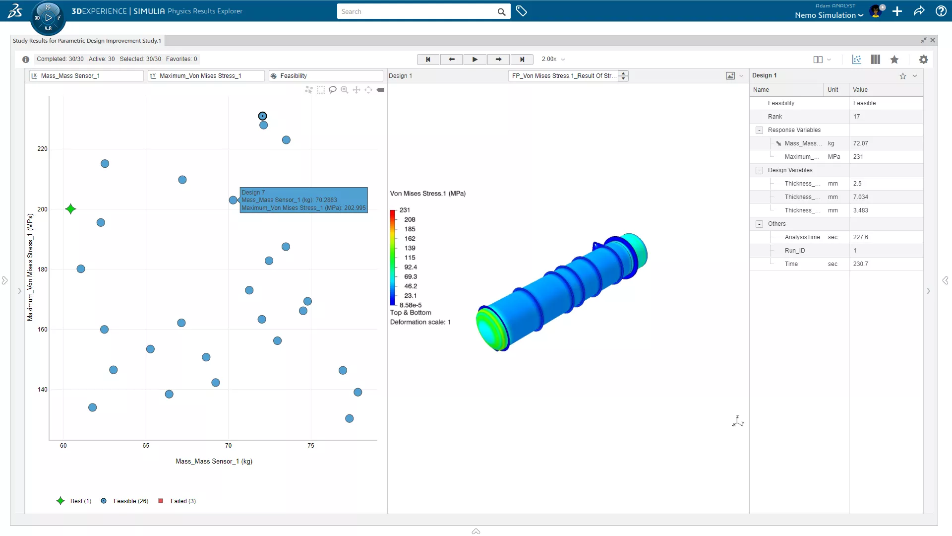 A design study of 30 alternatives using the optimization capabilities that come with the 3DEXPERIENCE STRUCTURAL FEA solution