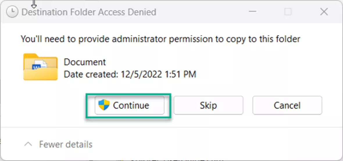Destination Folder Access Denied Dialog