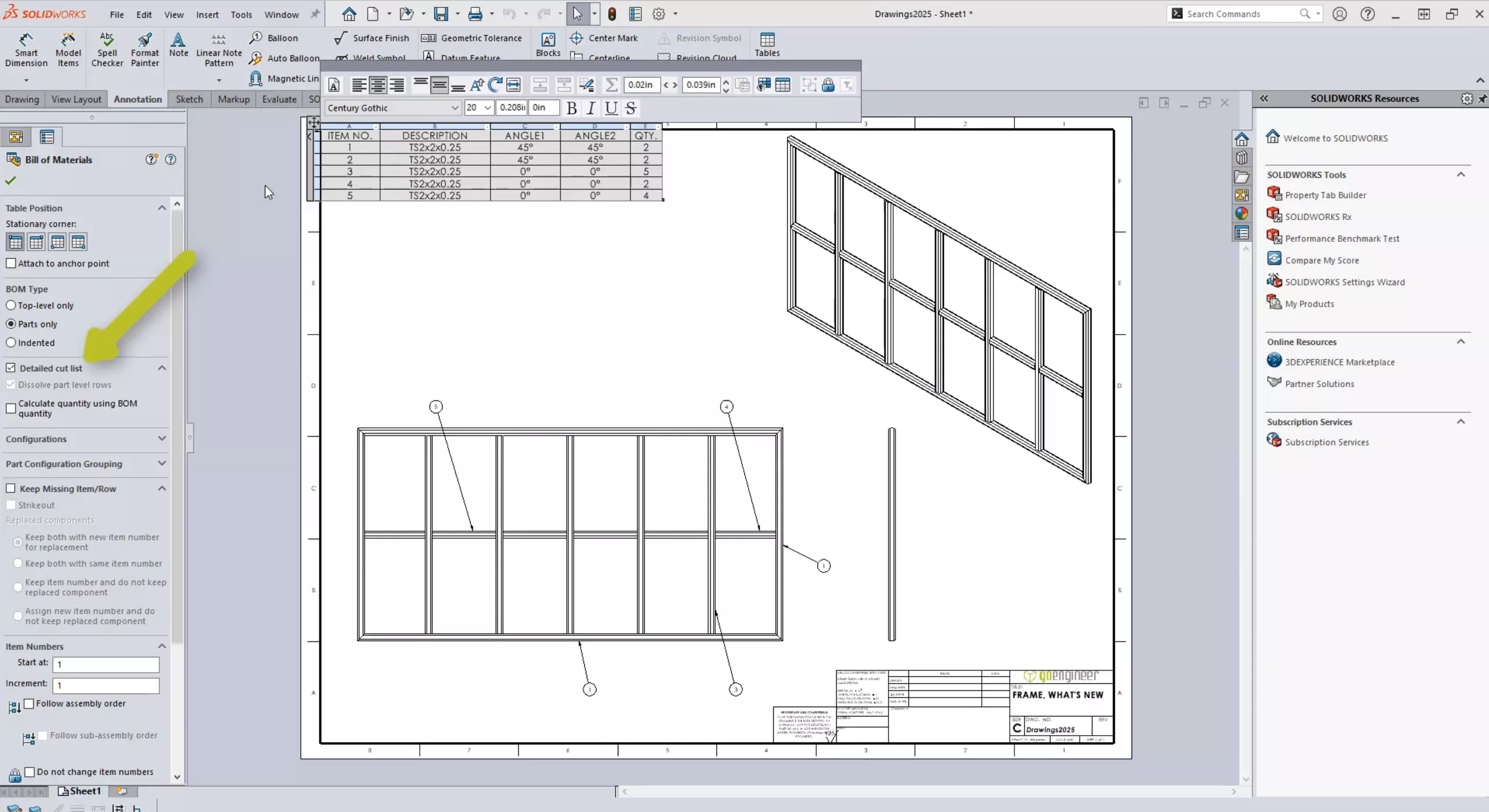 Detailed Cut List in SOLIDWORKS 2025