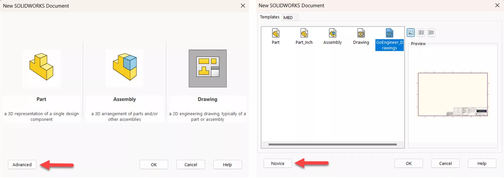 SOLIDWORKS Advanced and Novice New SOLIDWORKS Document Window