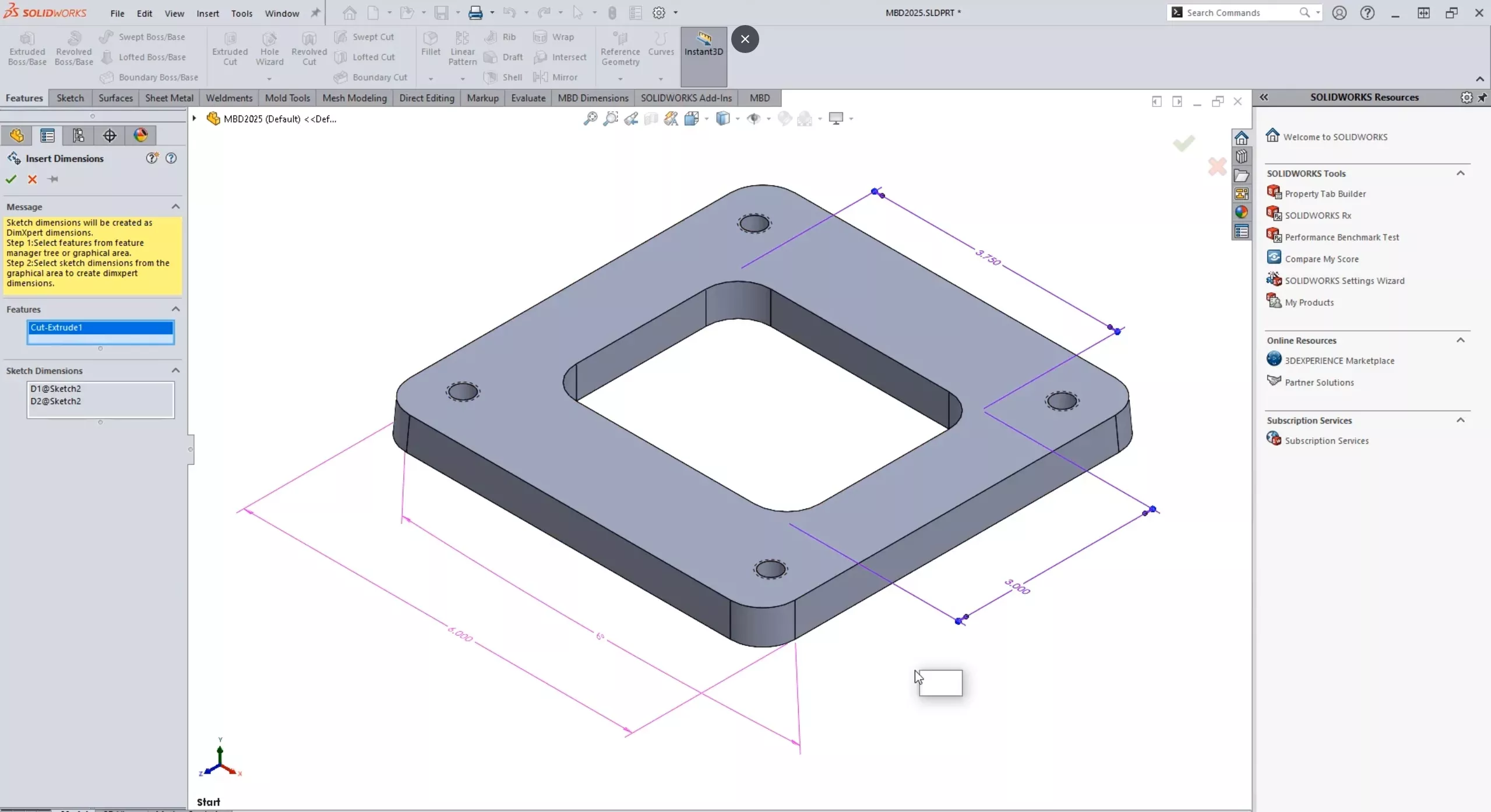 DimXpert Dimensions in SOLIDWORKS MBD 2025