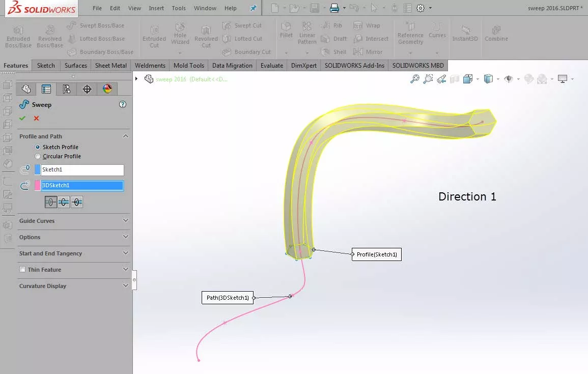 Direction 1 Sweep in SOLIDWORKS 2016