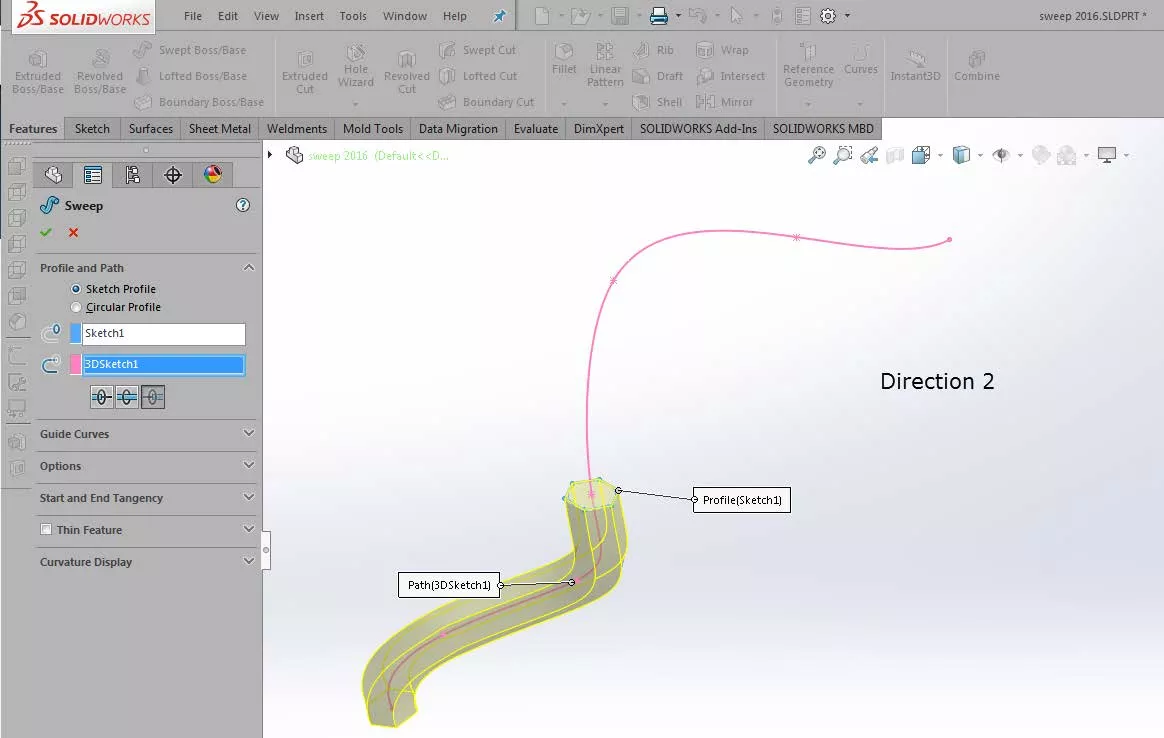 Direction 2 Sweep in SOLIDWORKS 2016