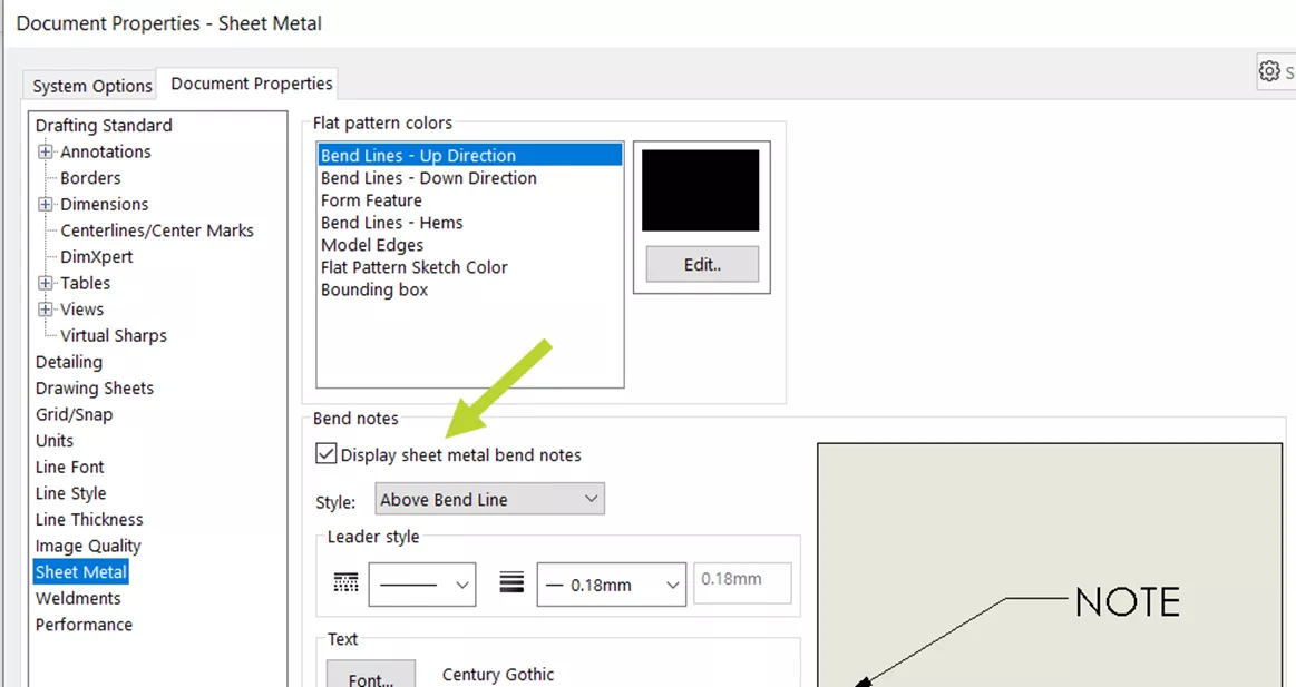 Display Sheet Metal Bend Notes SOLIDWORKS Document Properties 