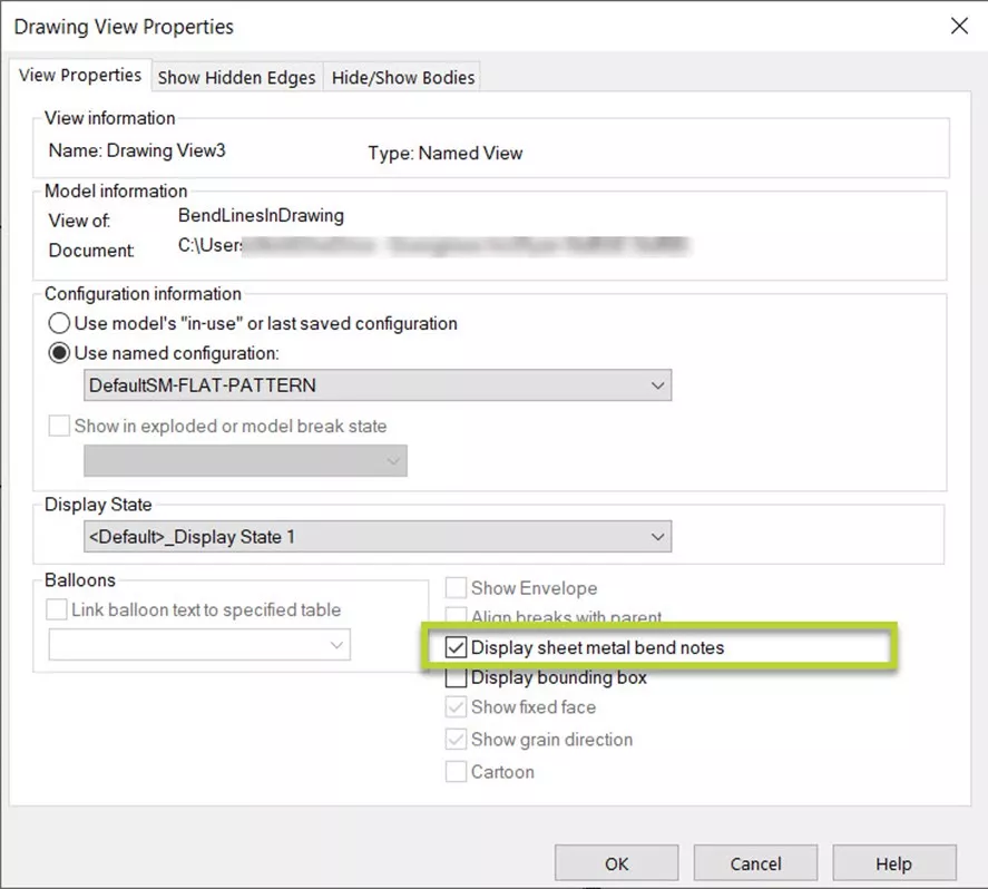 Display Sheet Metal Bend Nots SOLIDWORKS Option
