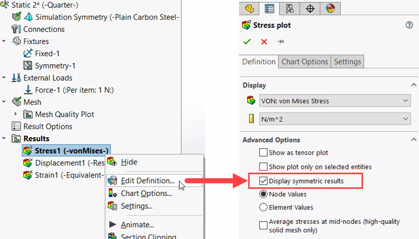 Display Symmetric Results Option in SOLIDWORKS Simulation 