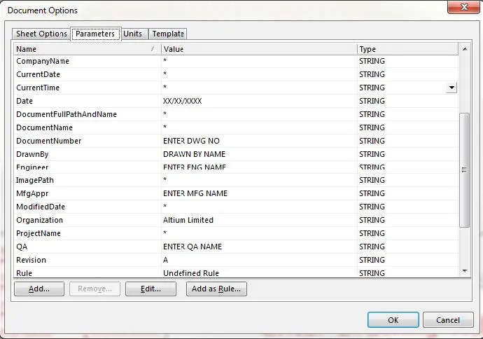 Document Options Parameters for SOLIDWORKS PCB 