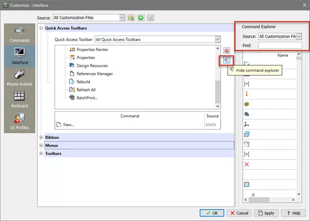 Showing the Command Explorer in the DraftSight Customize Interface