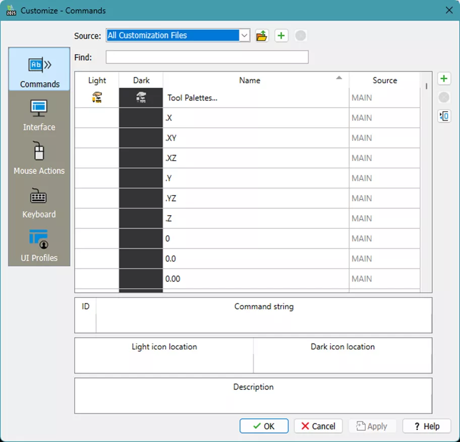 DraftSight Customize Commands Dialog
