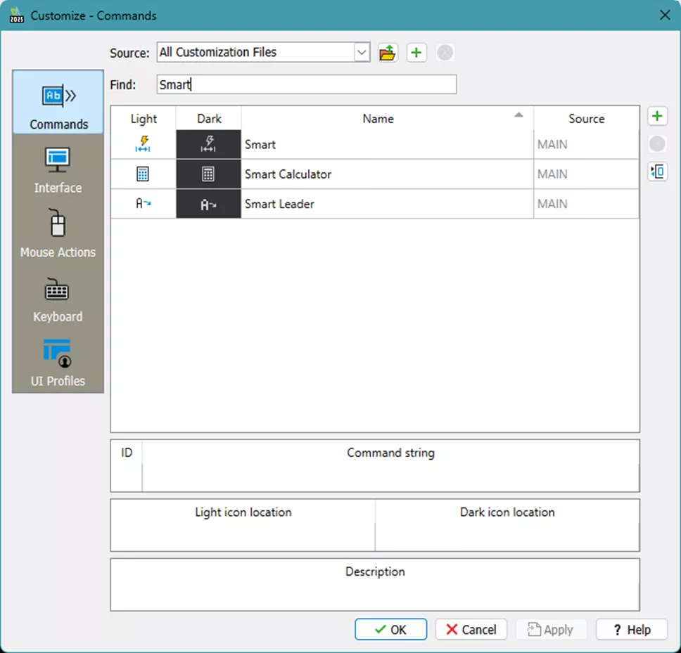 DraftSight Customize Commands Find Field 