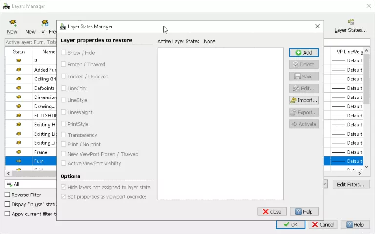 The layer states manager in DraftSight opens with nothing listed initially.