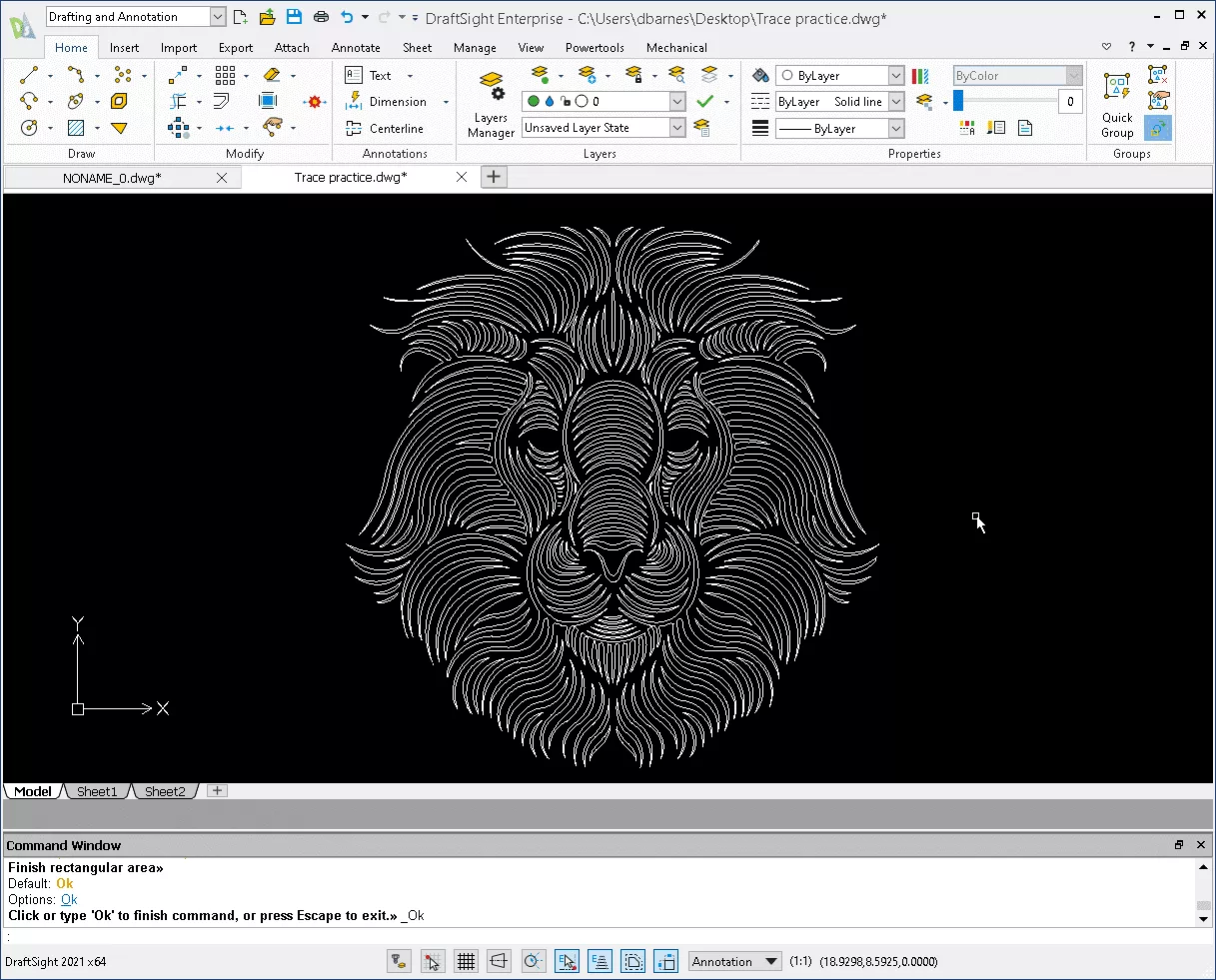 An example of using the DraftSight image tracer to sketch a lion.