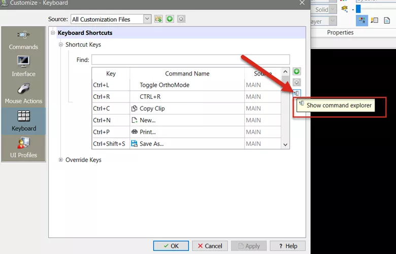 DraftSight Keyboard Shortcuts Show Command Explorer