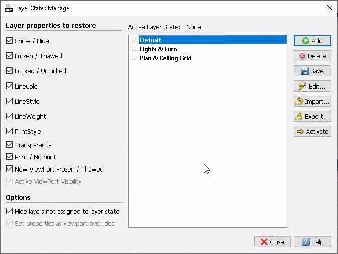 You can set some layers to show in a template within the layer states manager in DraftSight.