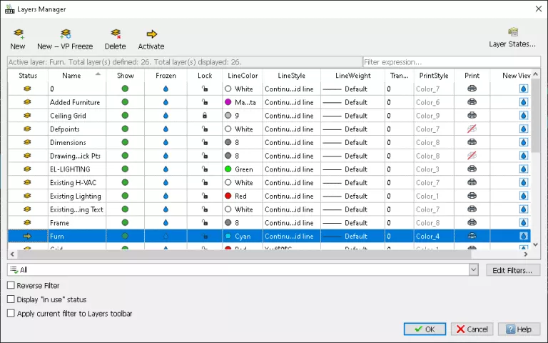 This is what the layers manager looks like in DraftSight.