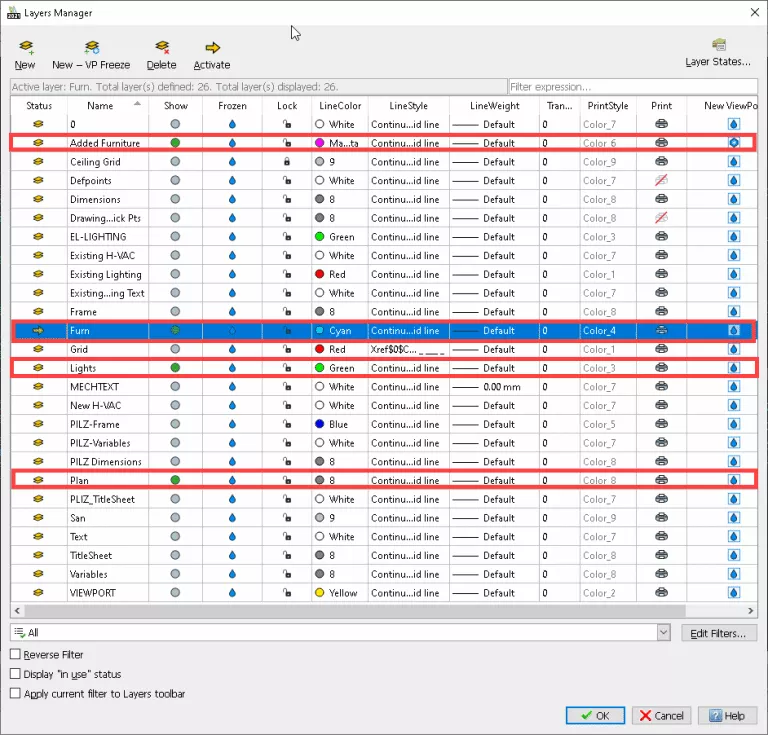 Notice in this image of the DraftSight Layers Manager that only the lights, plan, and furn are set as visible.