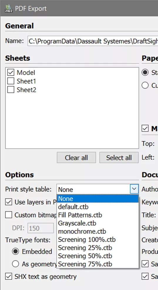 Example of Plot Style Options in the PDF DraftSight Export Tool
