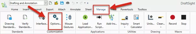 How to launch the Options menu in DraftSight