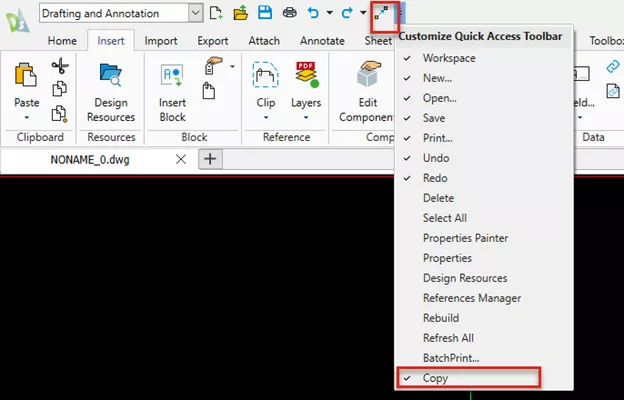 Copy Command Available in the DraftSight Quick Access Toolbar