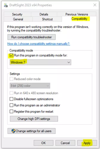 DraftSight Performance Troubleshooting Windows 7 Compatibility Mode Test