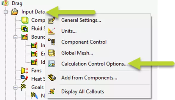 SOLIDWORKS Flow Simulation Drag Input Data Calculation Control Options