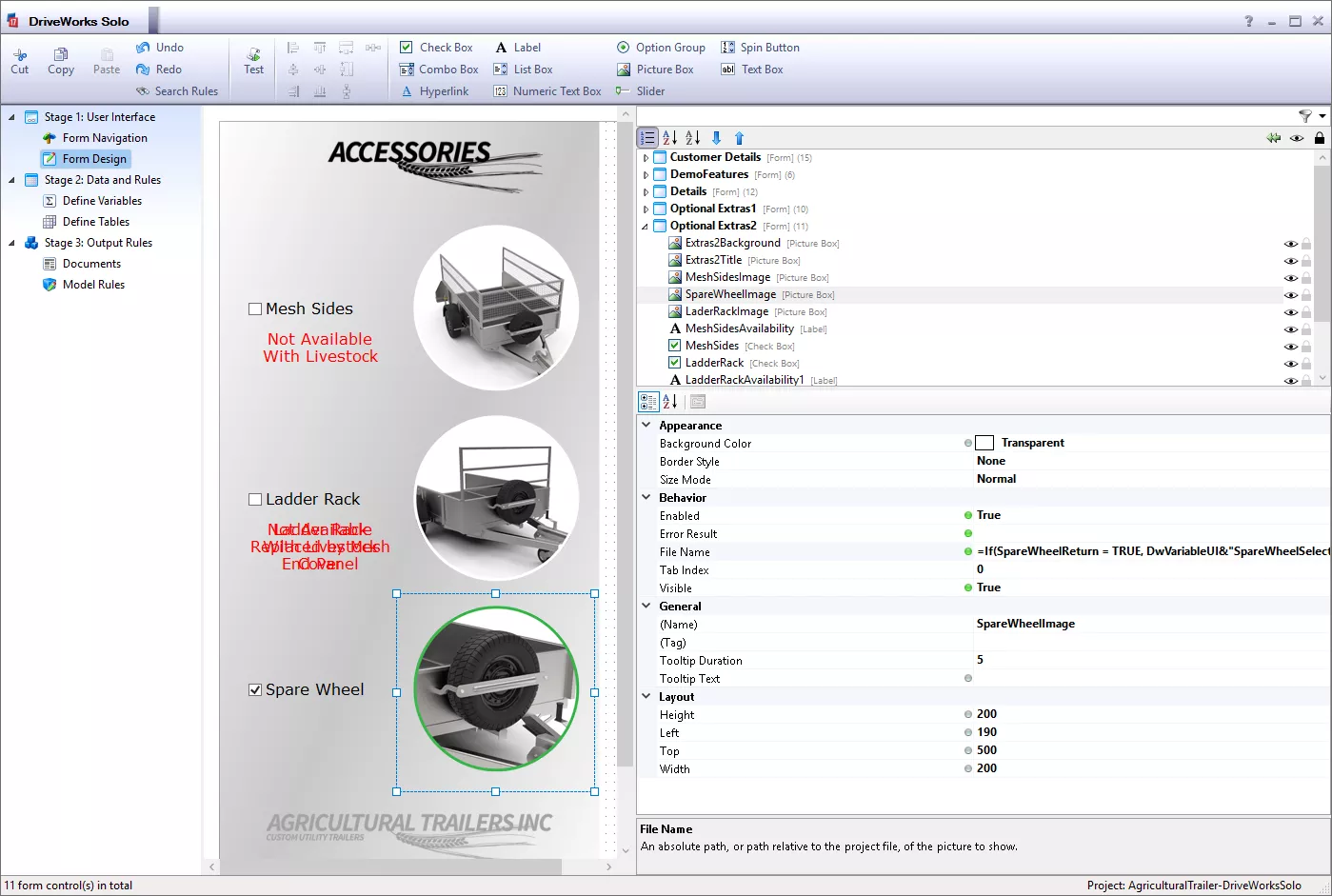 DriveWorks Solo has a standalone user interface to build forms and rules, giving you flexibility to make your project look the way you want.