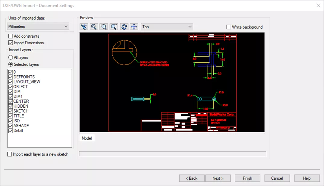 SOLIDWORKS DXF/DWG Import Document Settings