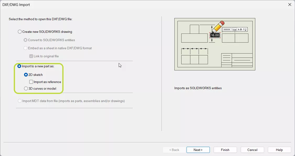 DXF/DWG Import dialogin SOLIDWORKS