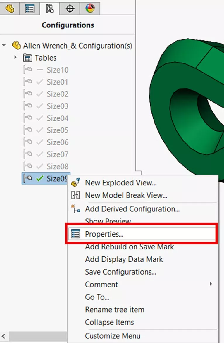 Edit Configuration Properties in SOLIDWORKS