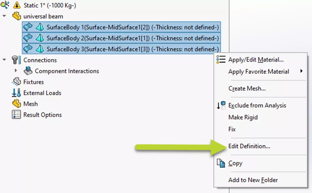 Edit Definition Option in SOLIDWORKS Simulation for CAD Conditioning with Shell Elements 