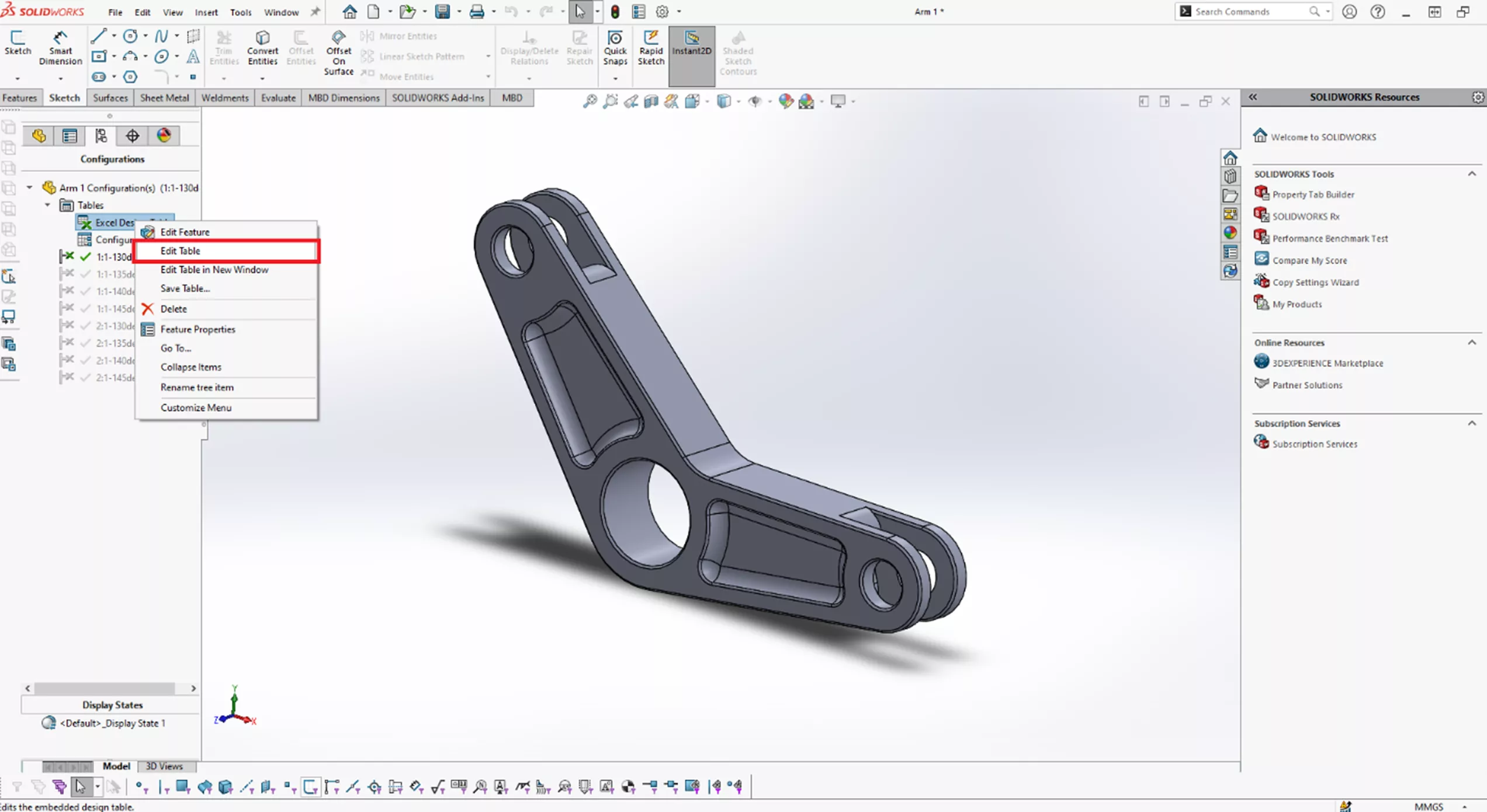 Edit Table Option in SOLIDWORKS 