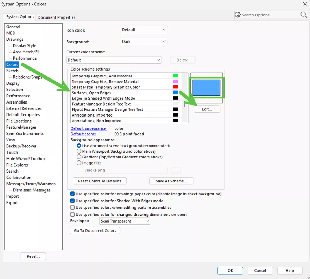 Edit Colors in SOLIDWORKS System Options
