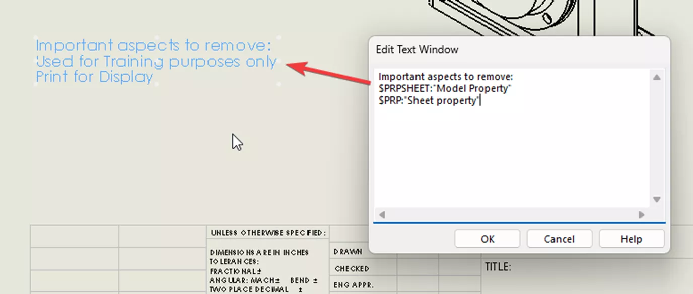 Edit Text Window for $PRP String in SOLIDWORKS