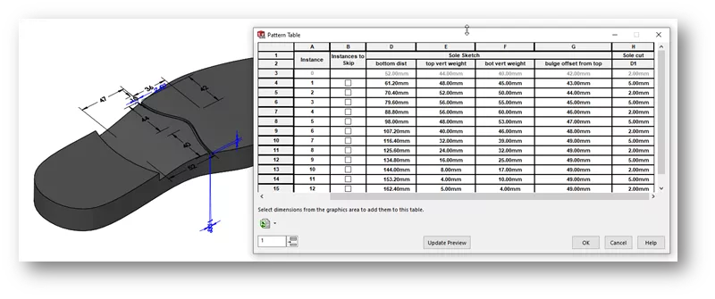 Editing Pattern Table to Reveal Dimensions for Spline Sketch in SOLIDWORKS