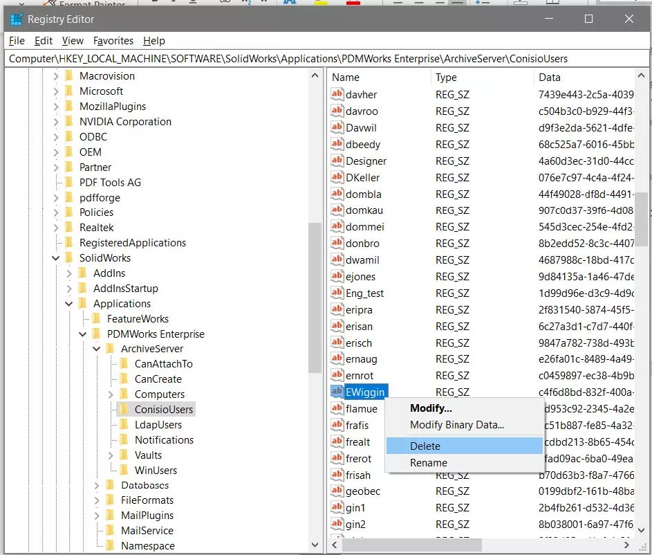 Editing Users in SOLIDWORKS PDM Using the Registry Editor