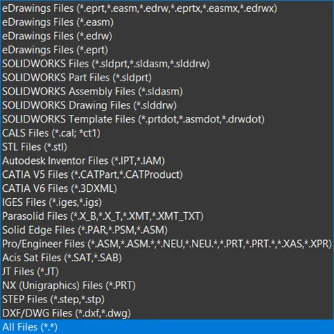 File formats that can be opened in eDrawings