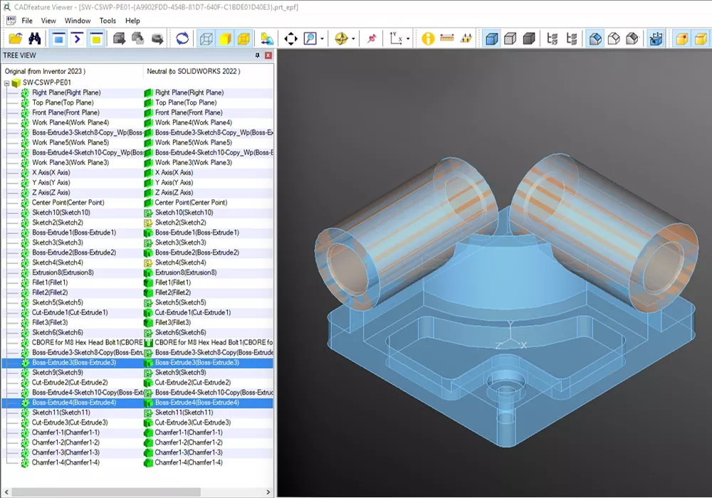 Elysium CADfeature tool lets you graphically overlay the source CAD model to the target CAD model to inspect for problems during the translation process.