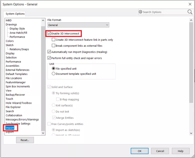 Enable 3D Interconnect Through SOLIDWORKS System Options - General 