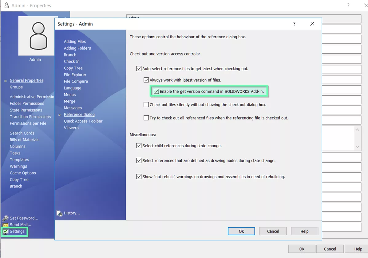 Enable the Get Version Command in SOLIDWORKS Add-in Checkbox Admin-Properties