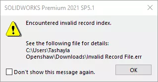 Encountered Invalid Record Index Error Dialog Box 