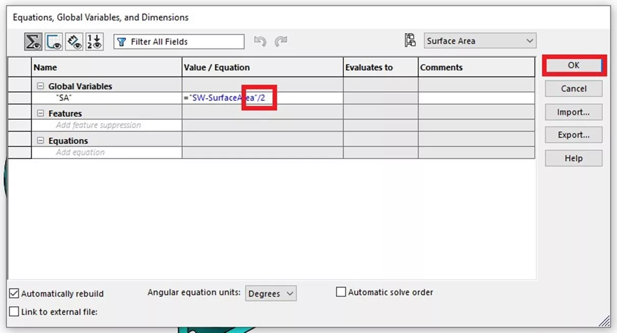 Finish SOLIDWORKS Equation