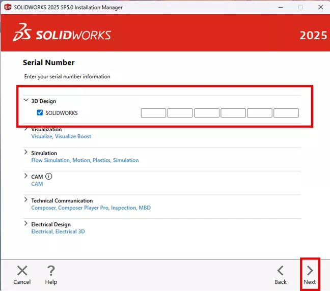 Enter SOLIDWORKS 3D Serial Number