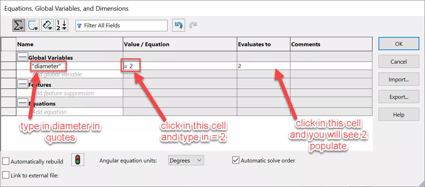 Equations, Global Variables, and Dimensions Fields in SOLIDWORKS 
