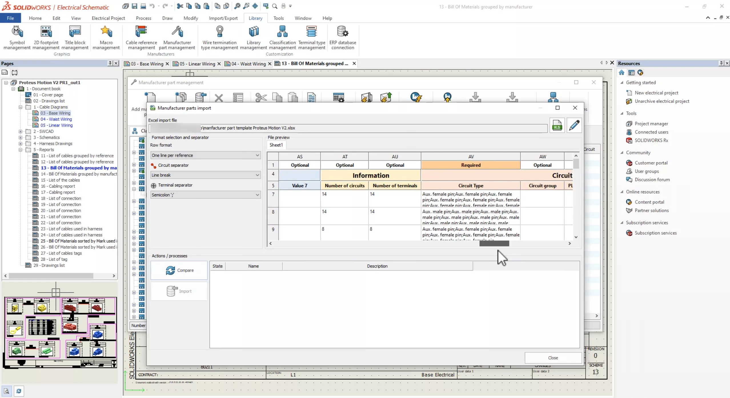 Excel Import Tool for Cables in SOLIDWORKS Electrical 2D 2025