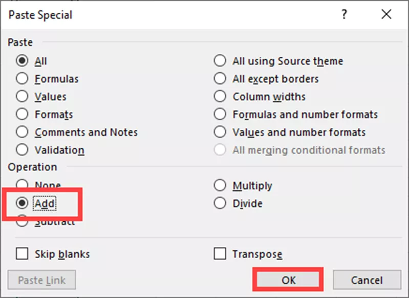 Excel Paste Special Add Operation Option