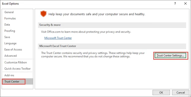 Excel Trust Center Settings