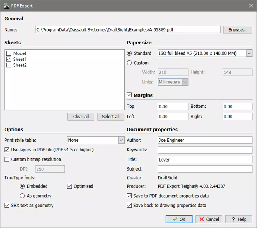 Export Drawings as PDF Options in DraftSight